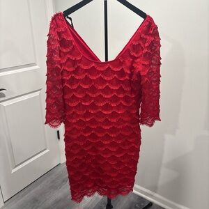 Guess Red Scalloped Fringe Midi Dress